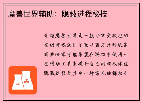 魔兽世界辅助：隐蔽进程秘技